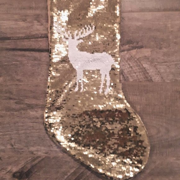 34th  & Pine Sequin Gold White Reindeer Stocking - Picture 2 of 4